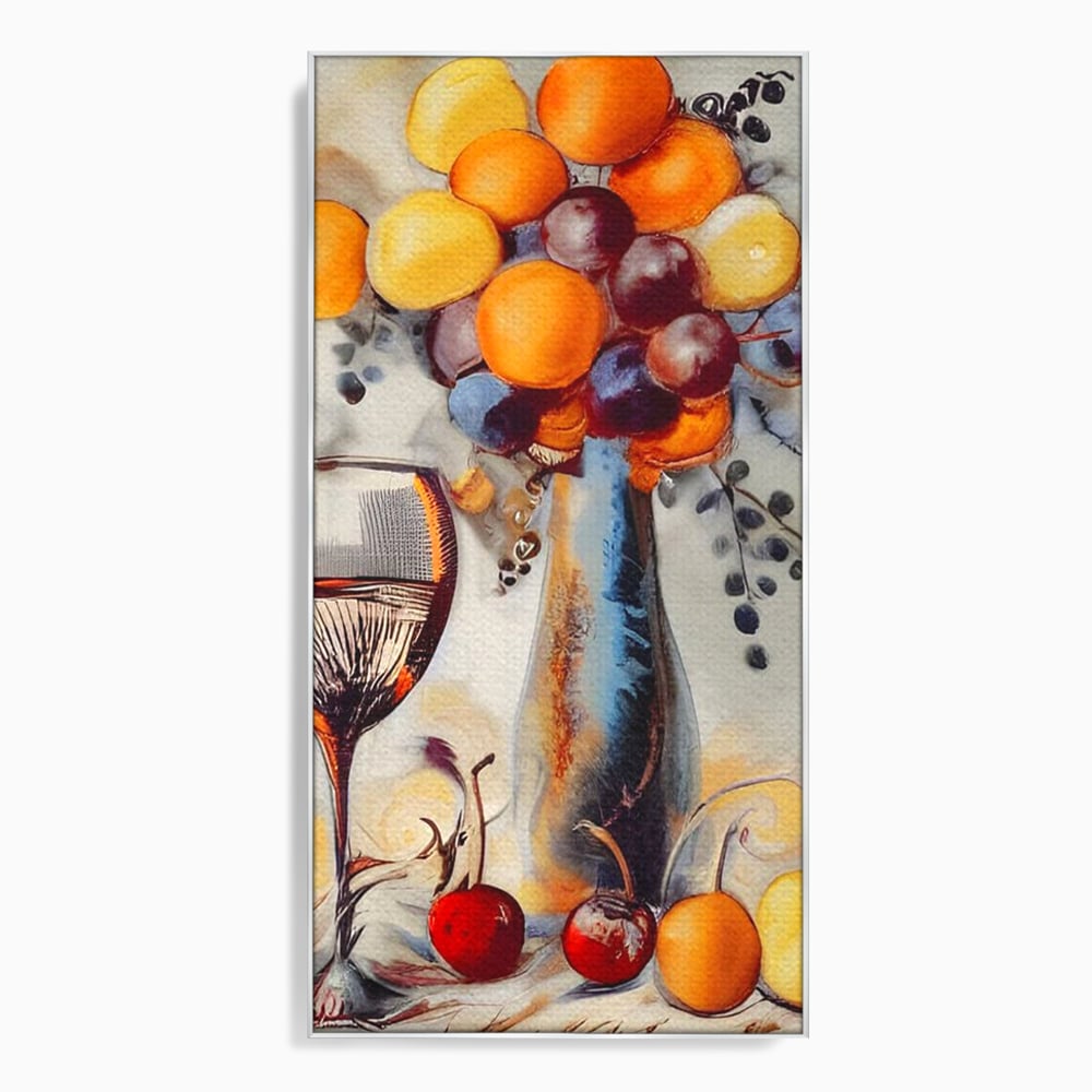 Tablou canvas cu tablou cu sticla, pahar de vin si fructe, in rama de aluminiu argintiu